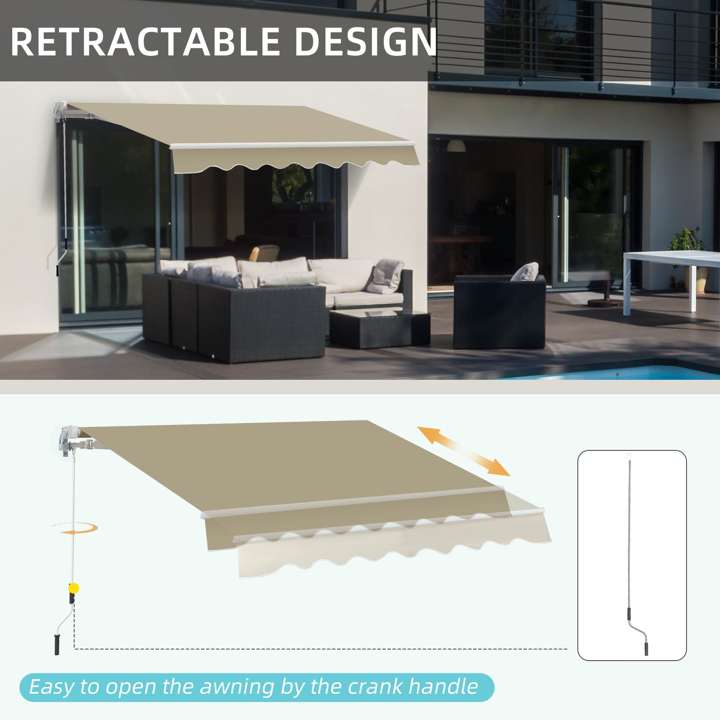 Outsunny 2.5x2 m Manual Retractable Awning-Khaki Canopy, White Frame