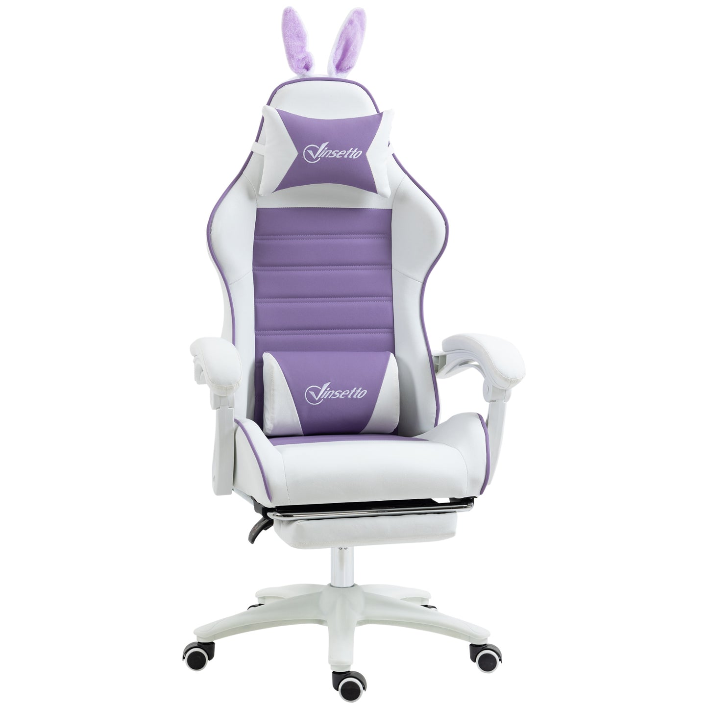 Photo of Vinsetto Racing Gaming Chair, Reclining PU Leather Computer Chair with Removable Rabbit Ears, Footrest, Headrest and Lumber Support, Purple in Purple colour on a white background