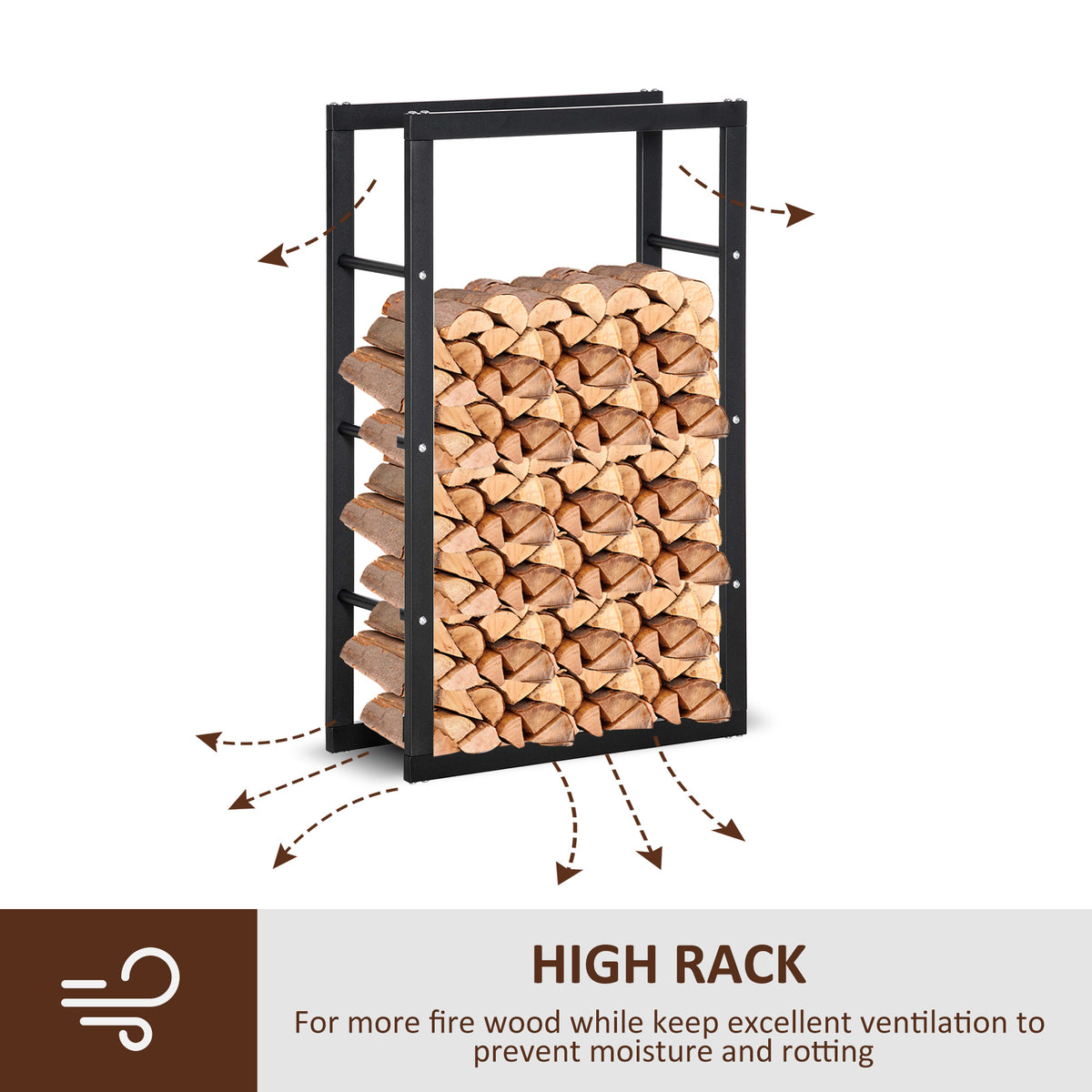 Black metal firewood rack filled with split logs, with open sides for airflow.