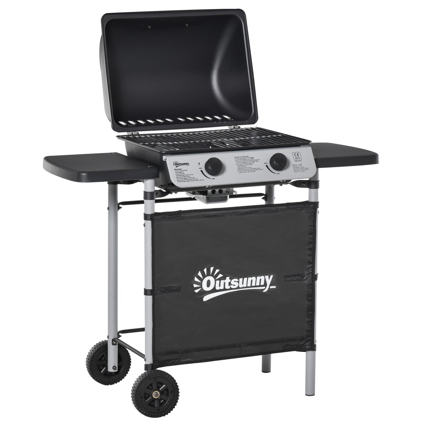 Photo of Outsunny 2 Burner Gas BBQ Trolley with Lid, 5.6 kW Gas Barbecue Grill with Wheels, Side Shelves, Black in Black colour on a white background
