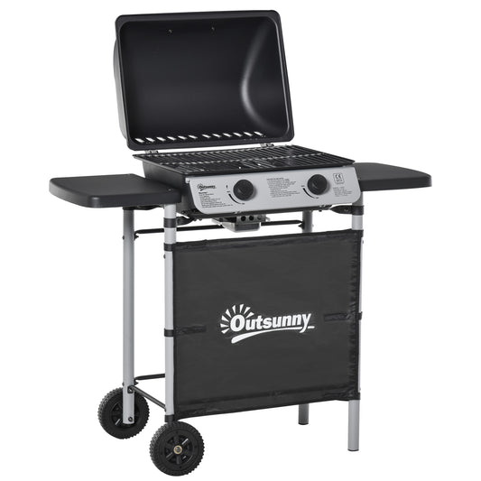 Photo of Outsunny 2 Burner Gas BBQ Trolley with Lid, 5.6 kW Gas Barbecue Grill with Wheels, Side Shelves for Home Patio Garden Party Outdoor Cooking, Black in Black colour on a white background