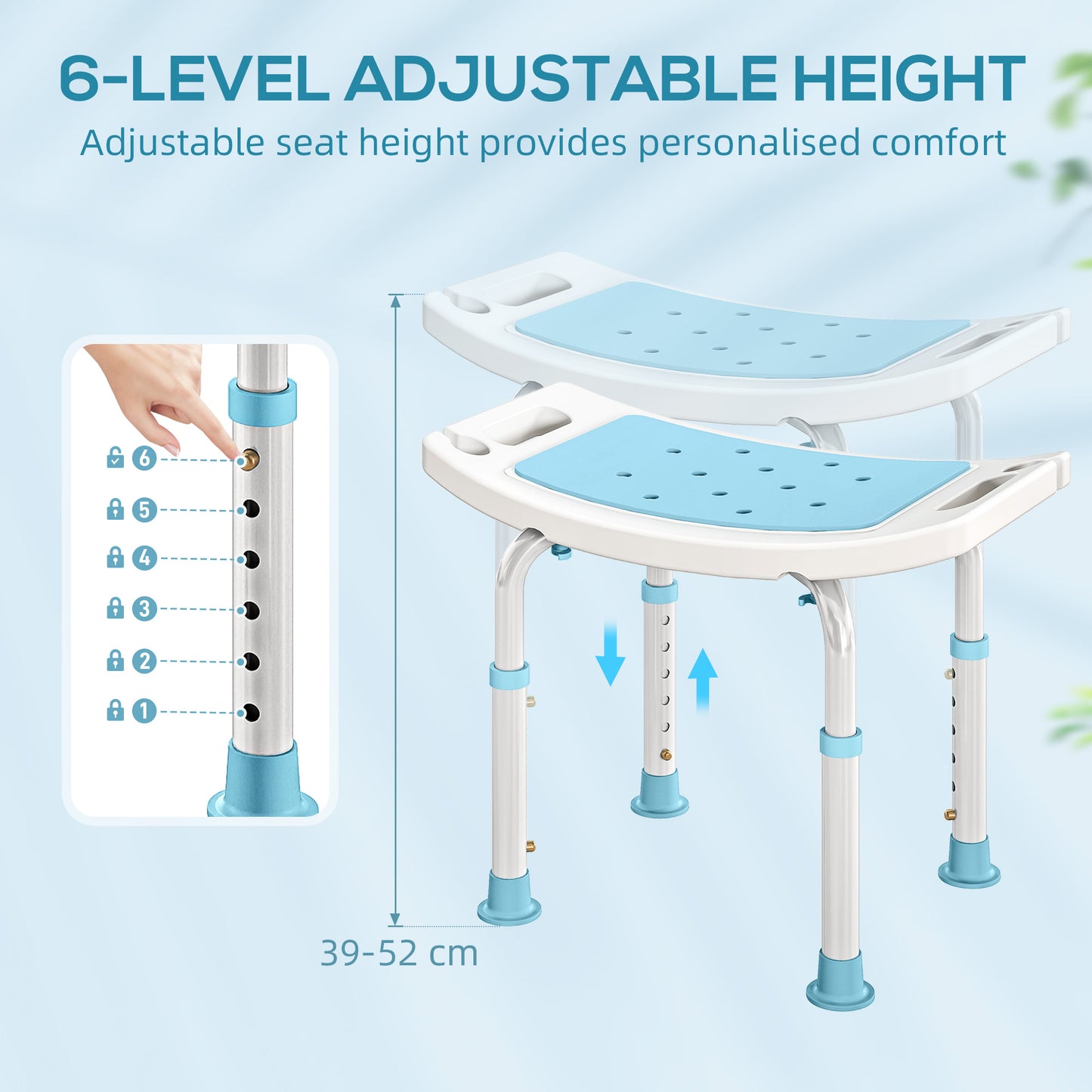 HOMCOM Shower Chair, Adjustable Height Shower Stool with Aluminium Frame and Non-Slip Feet, Bathtub Stool Seat with Padded Seat for Elderly Disabled Handicap, Turquoise