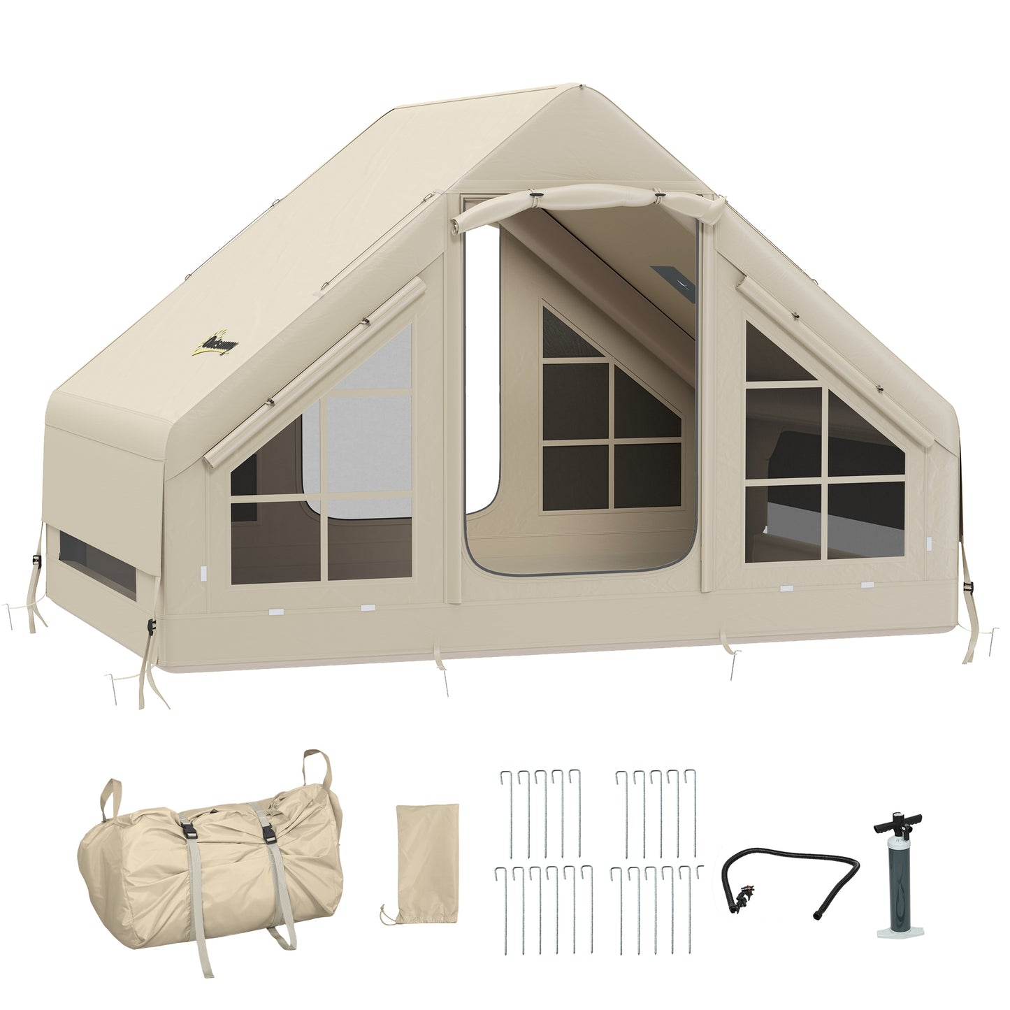 Photo of Outsunny Inflatable Camping Tent with Pump, Stove Jack Hole, Easy Setup 2-4 Person Family Blow Up Tent, Waterproof Glamping Luxury Inflatable Tent, Mesh Windows, Doors, Hook, Carry Bag, Beige in Beige colour on a white background
