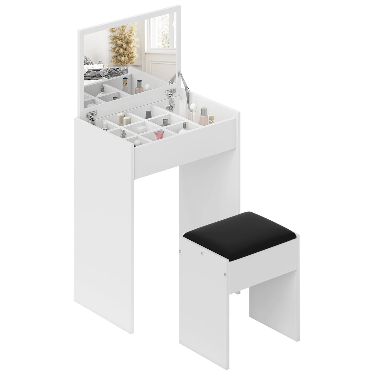 White vanity table with flip-up mirror, divided storage compartments, and black padded stool