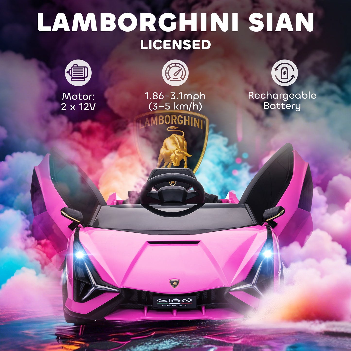 HOMCOM Lamborghini Sian Licensed 12V Electric Car for Kids 2 Motors Toy Car with Remote Control Music Lights MP3 for 3-5 Years Pink