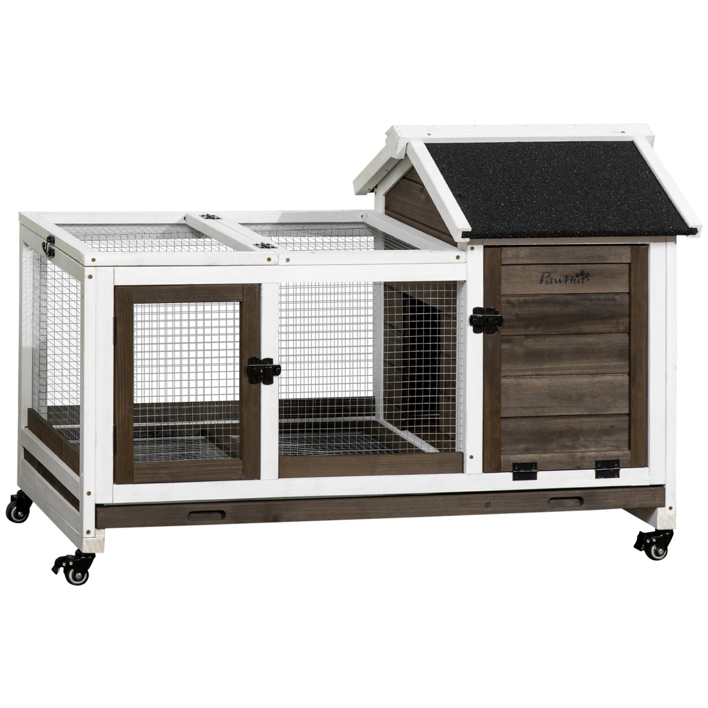 Photo of PawHut Wooden Rabbit Hutch, Guinea Pig Cage, with Removable Tray, Wheels - Brown in Brown colour on a white background