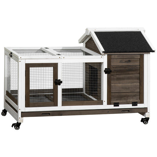 Photo of PawHut Wooden Rabbit Hutch, Guinea Pig Cage, with Removable Tray, Wheels - Brown in Brown colour on a white background