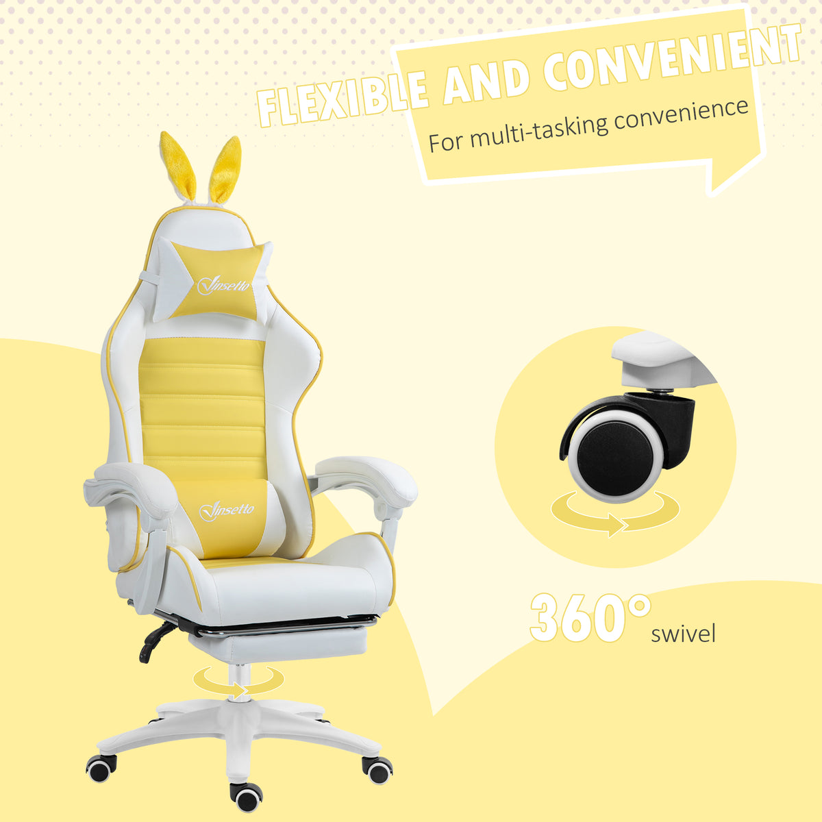 Vinsetto Gaming Chair with Rabbit Ears and Footrest, Ergonomic Computer Chair for Girls Adults, with Headrest, Lumbar Support, Reclining Back, Swivel Wheels, Yellow and White