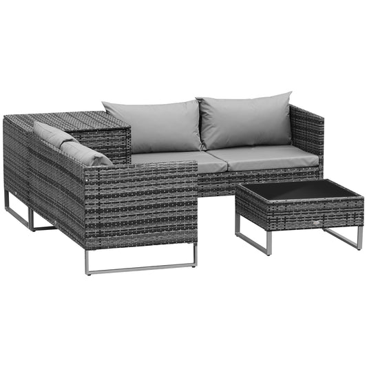 Photo of Outsunny 4pc Garden Rattan Wicker Outdoor Furniture Patio Corner Sofa Love Seat and Table Set  with Cushions Side Desk Storage, Mixed Grey in Grey colour on a white background