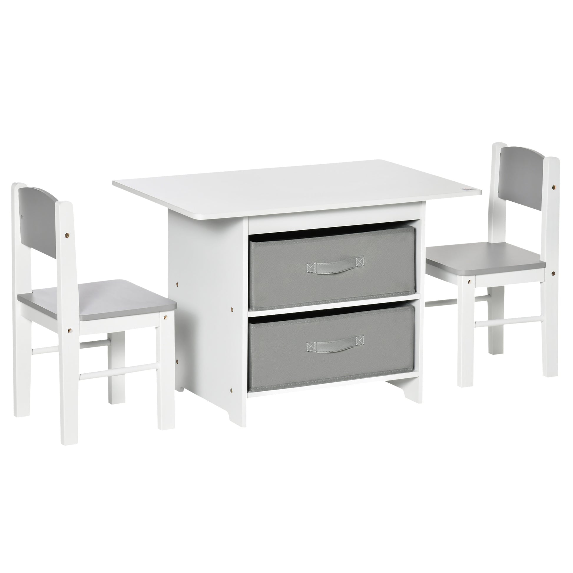 Photo of HOMCOM 3 Pcs Kids Table & Chairs Set Mini Seating Furniture Home Playroom Bedroom Dining Room w/ Storage Drawers Safe Corners for 2-4 Years old White in White colour on a white background
