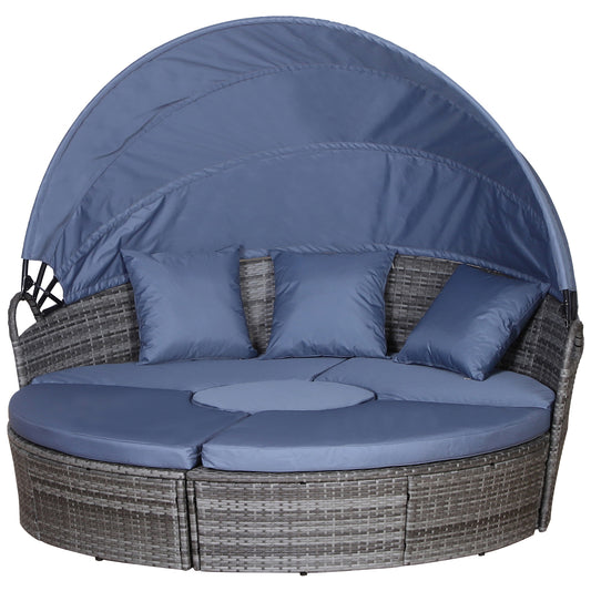 Photo of Outsunny Outdoor PE Rattan Garden Furniture with Cushioned, Patio Wicker Conversation Furniture Set, Round Daybed with Retractable Canopy, Coffee Table and Three Pillows, Grey/Blue Grey in Grey colour on a white background