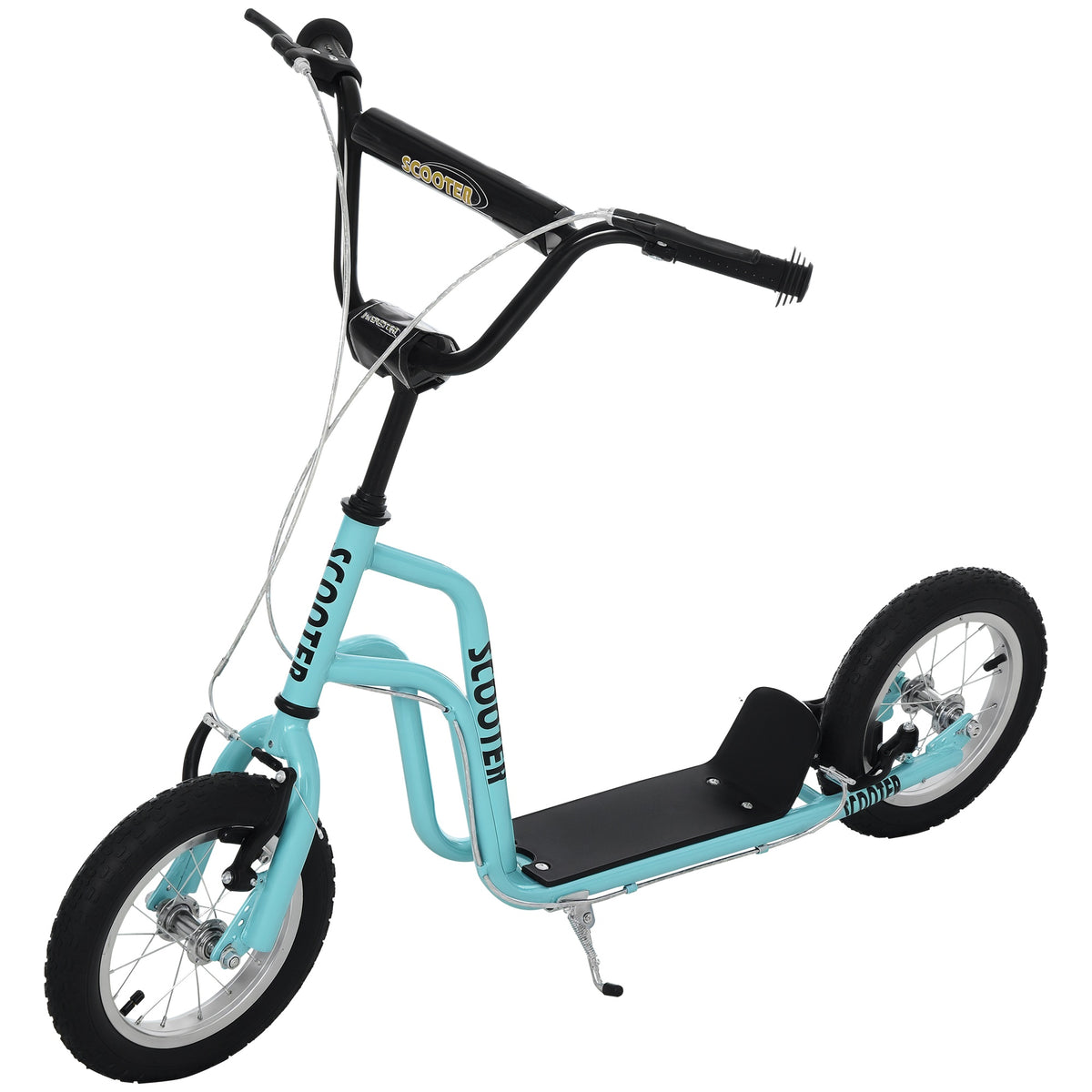 Blue kids' kick scooter with black deck, fenders, kickstand and inflatable rubber tires