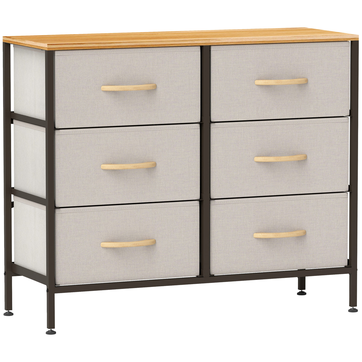 Cream fabric chest of drawers with six drawers, a wood top, and a black steel frame