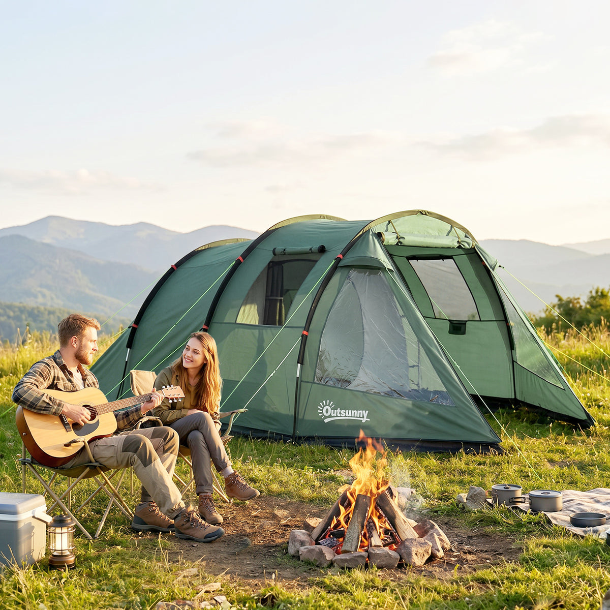 Outsunny green two-room tunnel tent with covered entrance and mesh windows