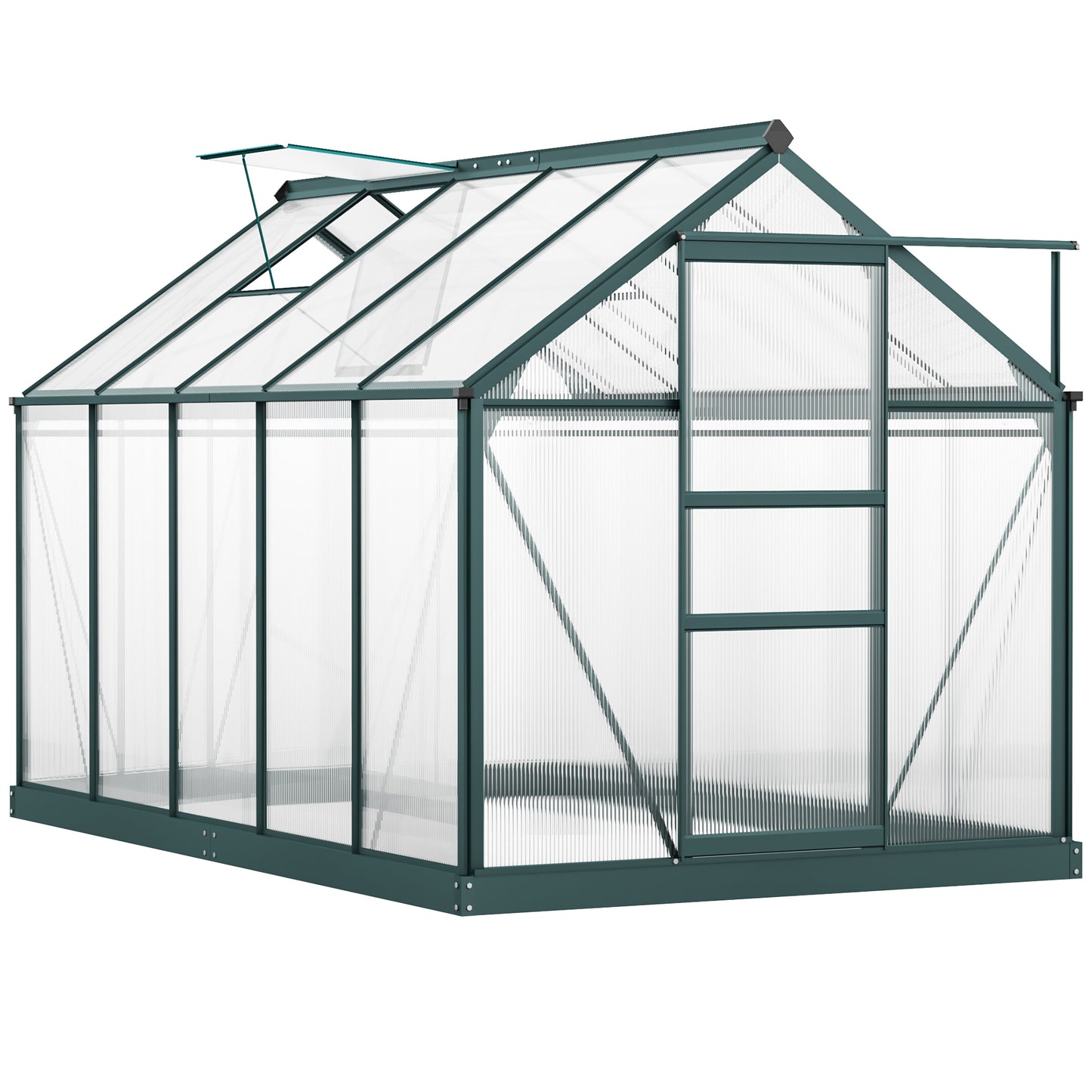 Photo of Outsunny 6 x 10ft Polycarbonate Greenhouse, Large Walk-In Green House with Slide Door and Window, Garden Plants Grow House with Aluminium Frame and Foundation, Dark Green in Green colour on a white background
