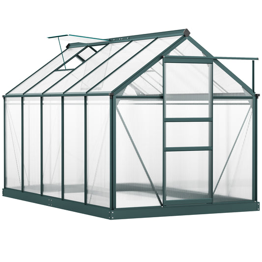 Photo of Outsunny 6 x 10ft Polycarbonate Greenhouse, Large Walk-In Green House with Slide Door and Window, Garden Plants Grow House with Aluminium Frame and Foundation, Dark Green in Green colour on a white background