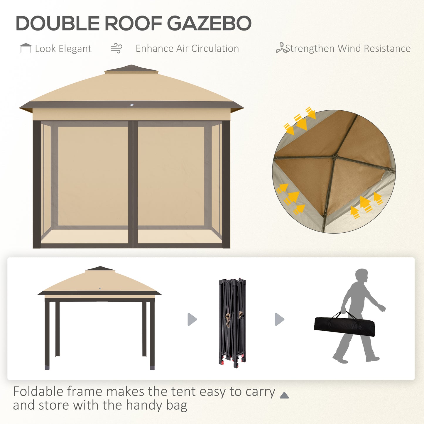 Outsunny 3.3 x 3.3m Pop Up Gazebo, Double Roof Foldable Canopy Tent with Zipped Mesh Sidewalls, Height Adjustable and Carrying Bag, Event Tent for Patio Garden, Beige