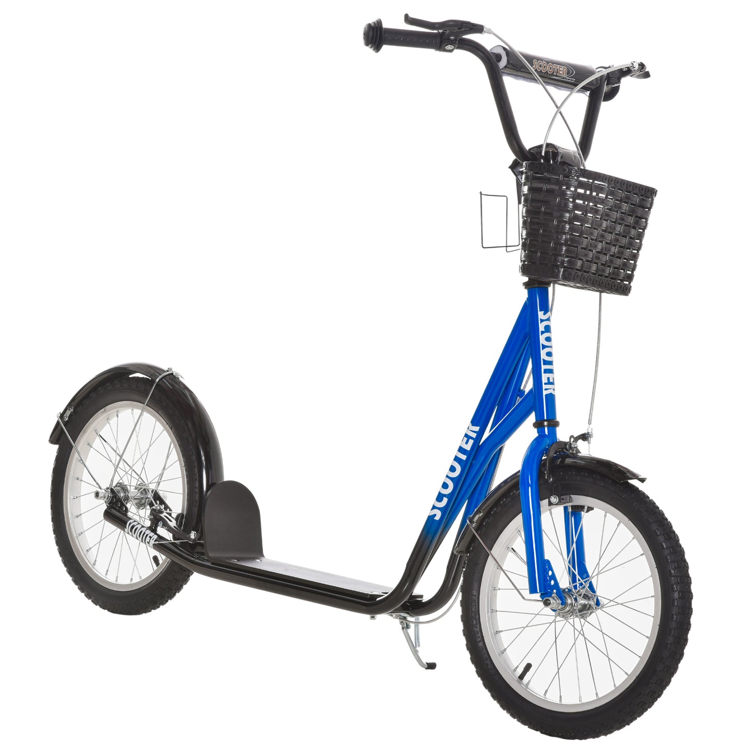 Photo of HOMCOM Kids Scooter, Kick Stunt Scooter with Adjustable Handlebar, Dual Brakes, Basket, Cupholder, Mudguard, 16" Inflatable Rubber Wheels, for 5-12 years, Blue in Blue colour on a white background