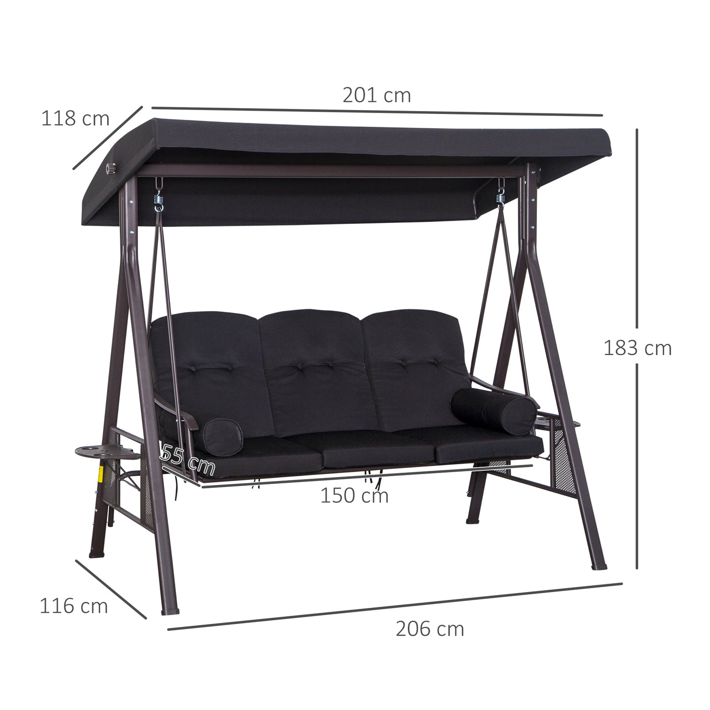 Outsunny 3 Seater Swing Chair Hammock Chair with Adjustable Canopy, Black