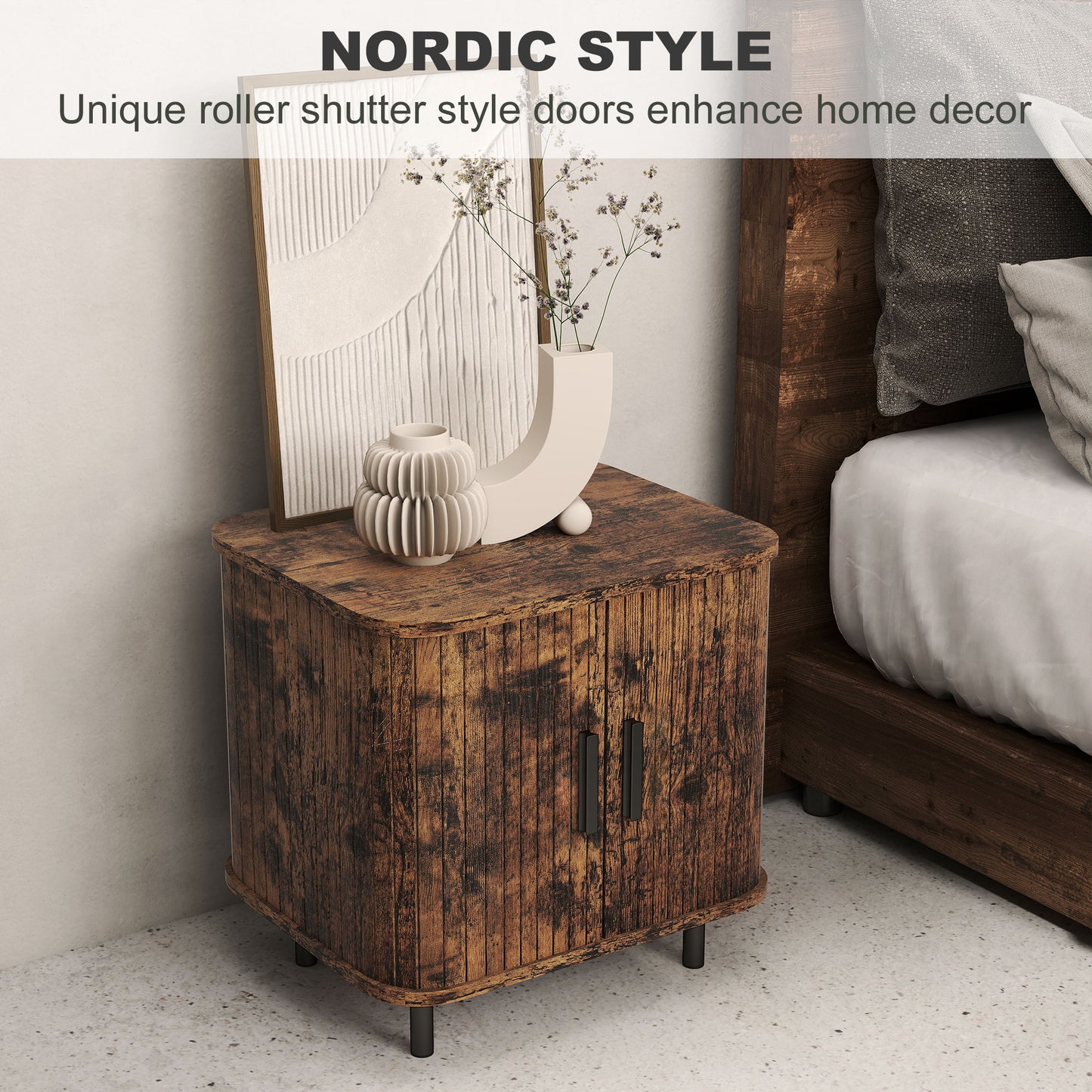 HOMCOM Nightstand with Sliding Doors and Metal Legs Rustic Brown