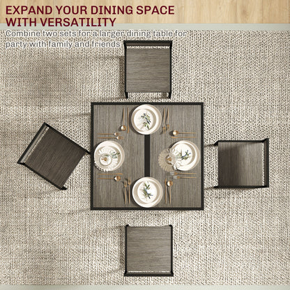 Top view of gray wood-effect dining table with four chairs arranged around it