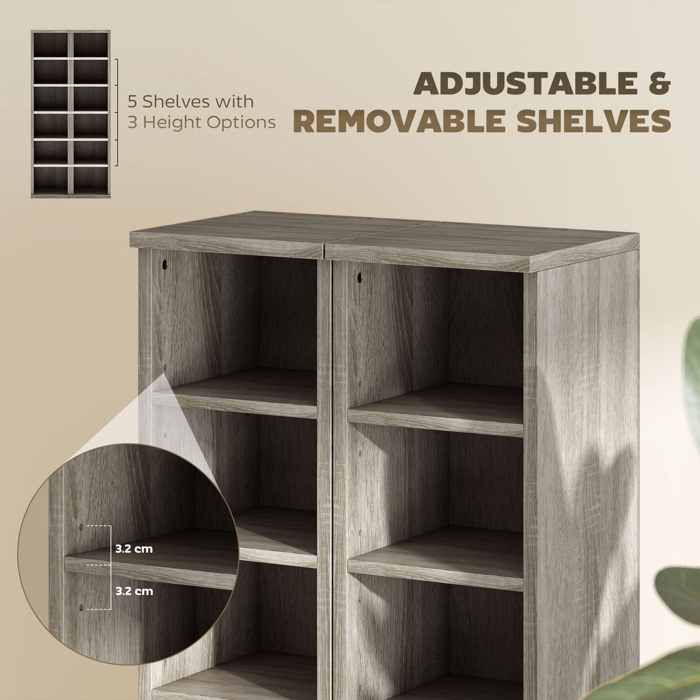HOMCOM Set of 2 CD Media Display Shelf Unit Tower Rack with Adjustable Shelves, Mocha Wood Effect
