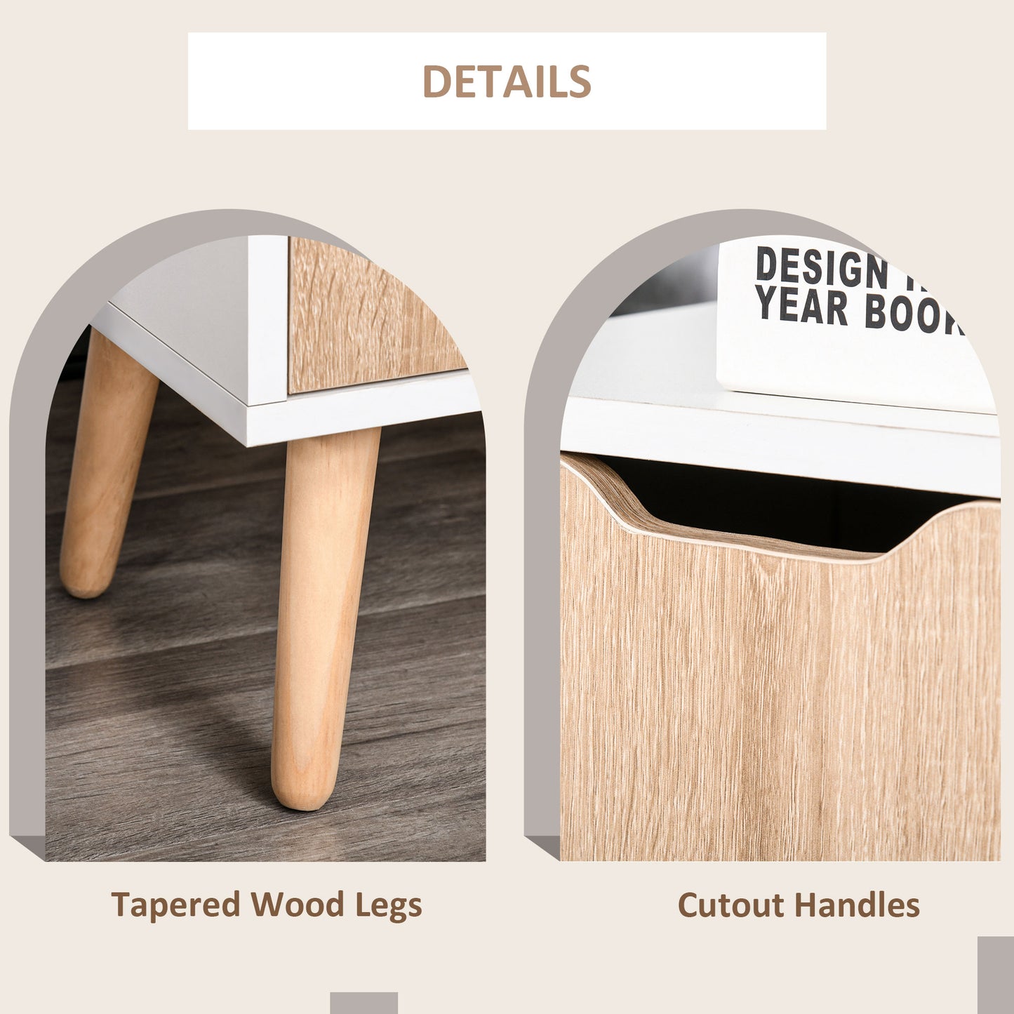 HOMCOM Bedroom Furniture Set, Wardrobe with Hanging Rod, Side Cabinet with Wood Legs, Bedside Table with Drawer, Nature Wood Finish and White