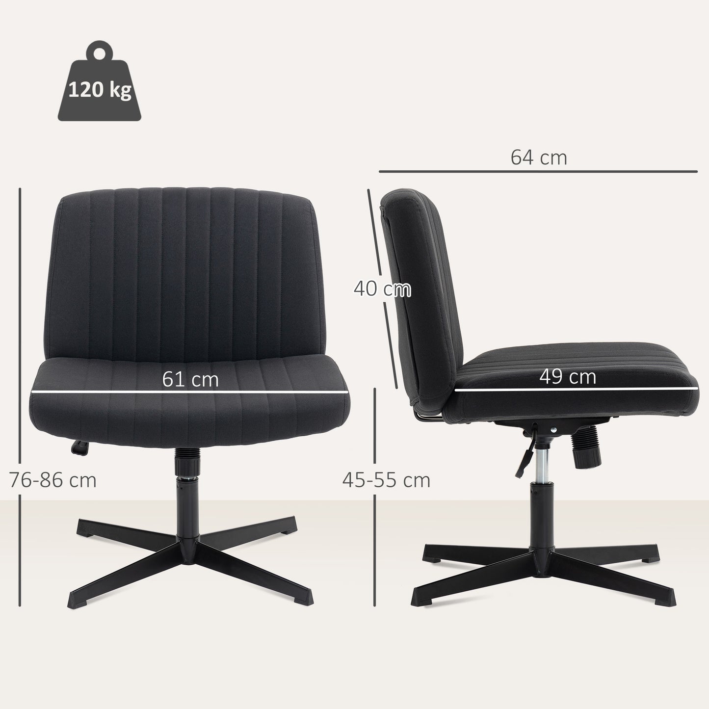 HOMCOM Armless Office Chair No Wheels, Linen Fabric Criss Cross Legged Desk Chair with Wide Seat, Thick Padding, Tilt Function, Height Adjustable Swivel Computer Seat for Home, Black