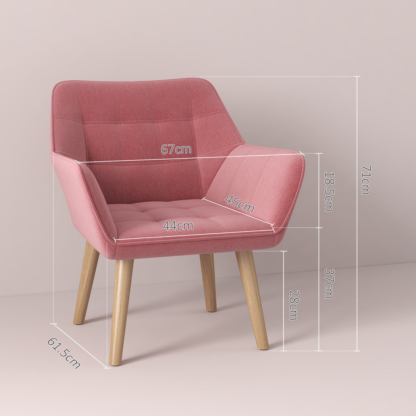 HOMCOM Accent Chair, Arm Chair with Wide Arms, Slanted Back, Thick Padding and Rubber Wooden Legs for Living Room, Pink