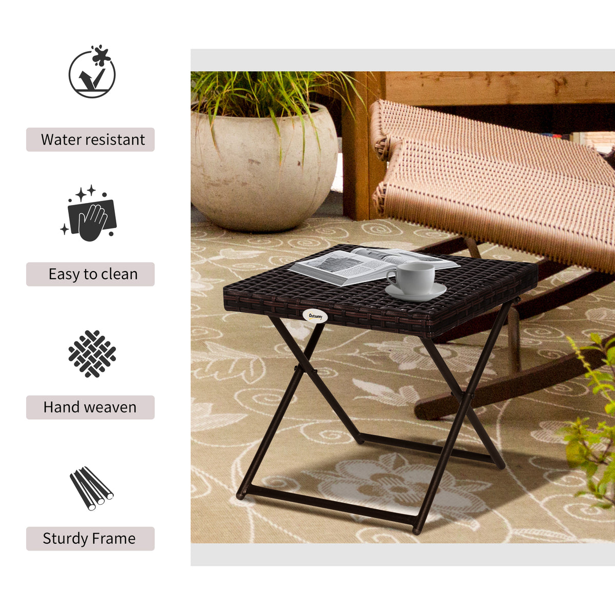 Outsunny Folding Garden Coffee Table, Wicker Outdoor Bistro Side Table with PE Rattan Top for Patio, Balcony, Porch, 40 x 40 x 40 cm, Brown