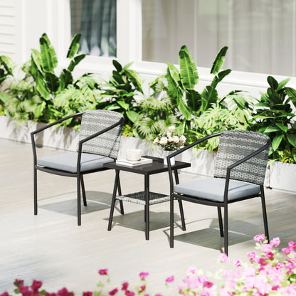 Outsunny gray rattan bistro set with two chairs and a glass-top table