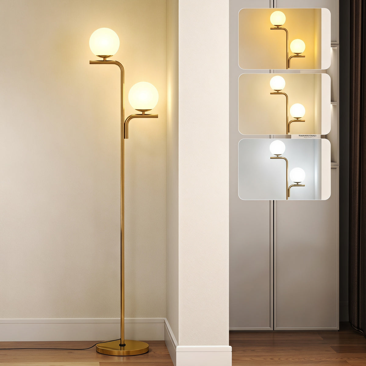 HOMCOM LED Floor Lamp, Modern Standing Lamp with 3 Colour Temperatures, Globe Glass Shades and Foot Switch, Gold Tone