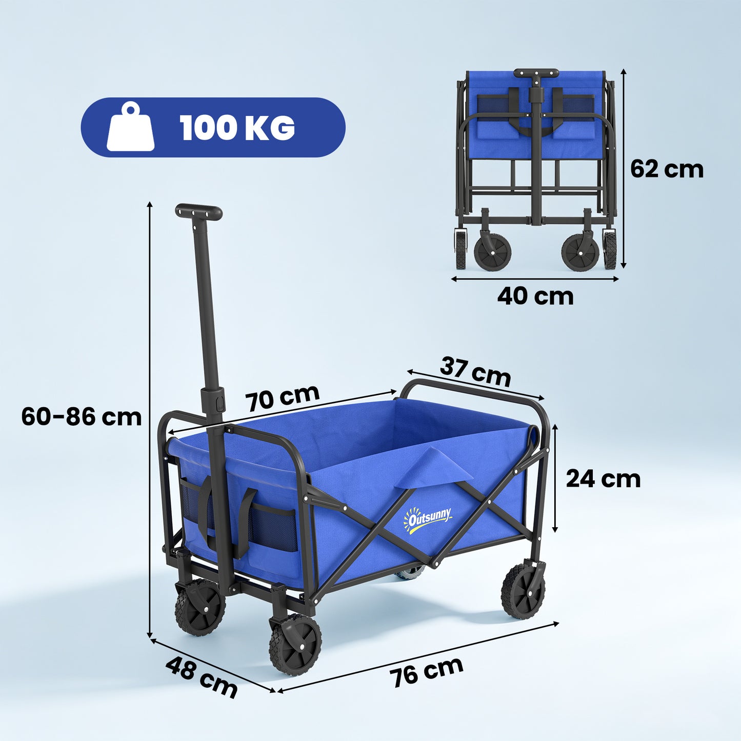 Outsunny 93L Festival Trolley on Wheels, Garden Folding Trolley Cart, 120kg Heavy Duty Collapsible Folding Wagon with Adjustable Handle and Carrying Bag for Beach, Camping, Festival, Blue