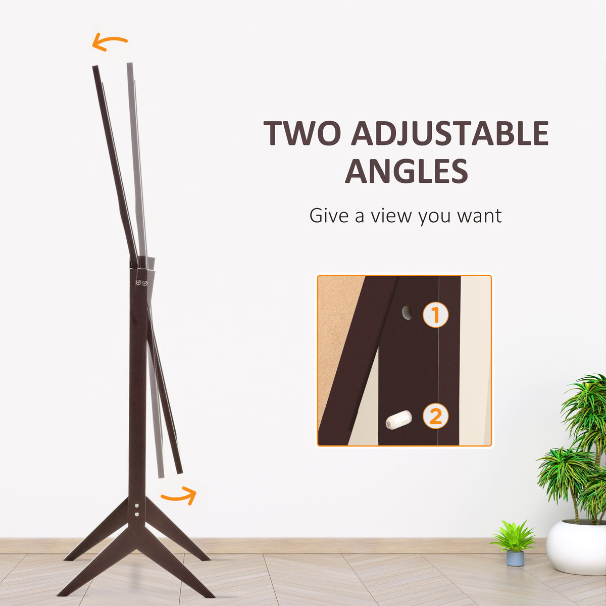 Brown full-length mirror shown tilting between two adjustable angles