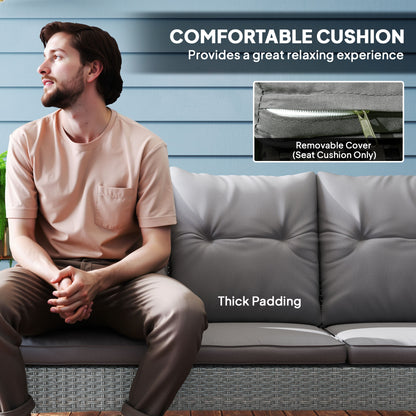 Grey patio sofa with thick tufted cushions and a removable seat cushion cover