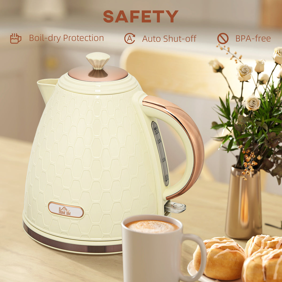 HOMCOM Electric Kettle, 1.7L, Fast Boil, 3000W Cordless Water Kettle with Removable Washable Anti-scale Filter, Beige