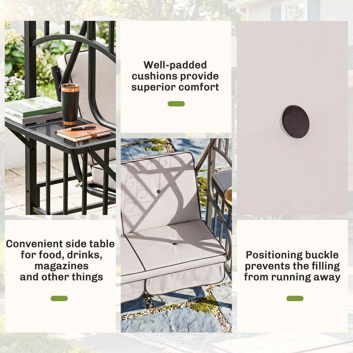 Swing chair details showing beige padded cushions, a side table, and a cushion fastening button