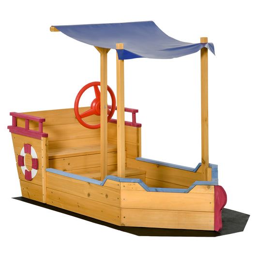Photo of Outsunny Sand Pit, Kids Wooden Sandbox Pirate Ship, Sandboat Play Station with Canopy Shade, Storage Bench and Bottom Liner for Outdoor Garden in Garden colour on a white background
