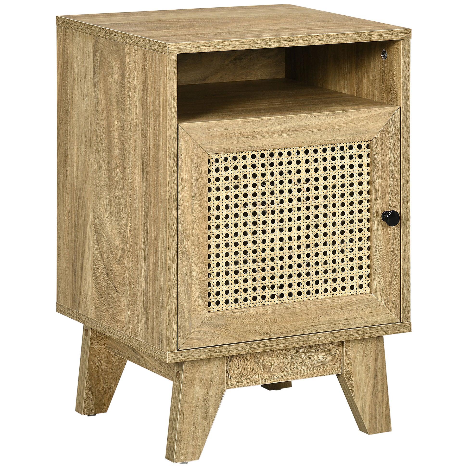 Photo of HOMCOM Narrow Rattan Nightstand, Side End Table with Shelf and Cupboard, 39cm x 35cm x 60cm, Natural in Natural colour on a white background