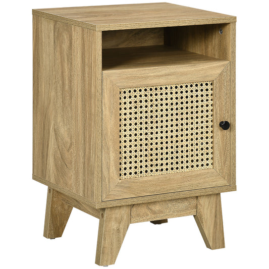 Photo of HOMCOM Narrow Rattan Nightstand, Side End Table with Shelf and Cupboard, 39cm x 35cm x 60cm, Natural in Natural colour on a white background