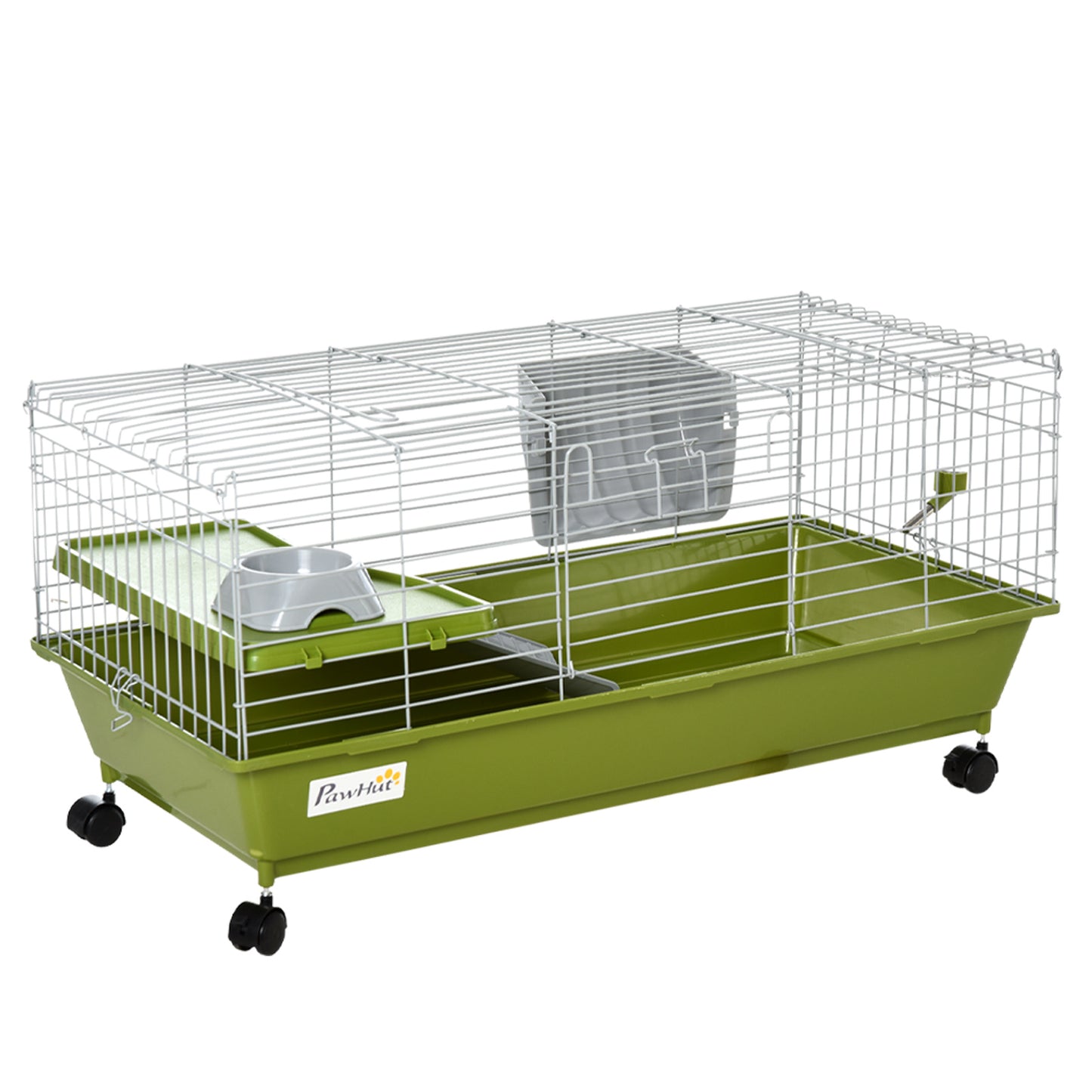 Photo of PawHut Small Animal Cage Rabbit Guinea Pigs Chinchillas Cage w/ Wheels Water Bottle Food Dish Platform Ramp 89 x 44 x 43 cm Green in Green colour on a white background