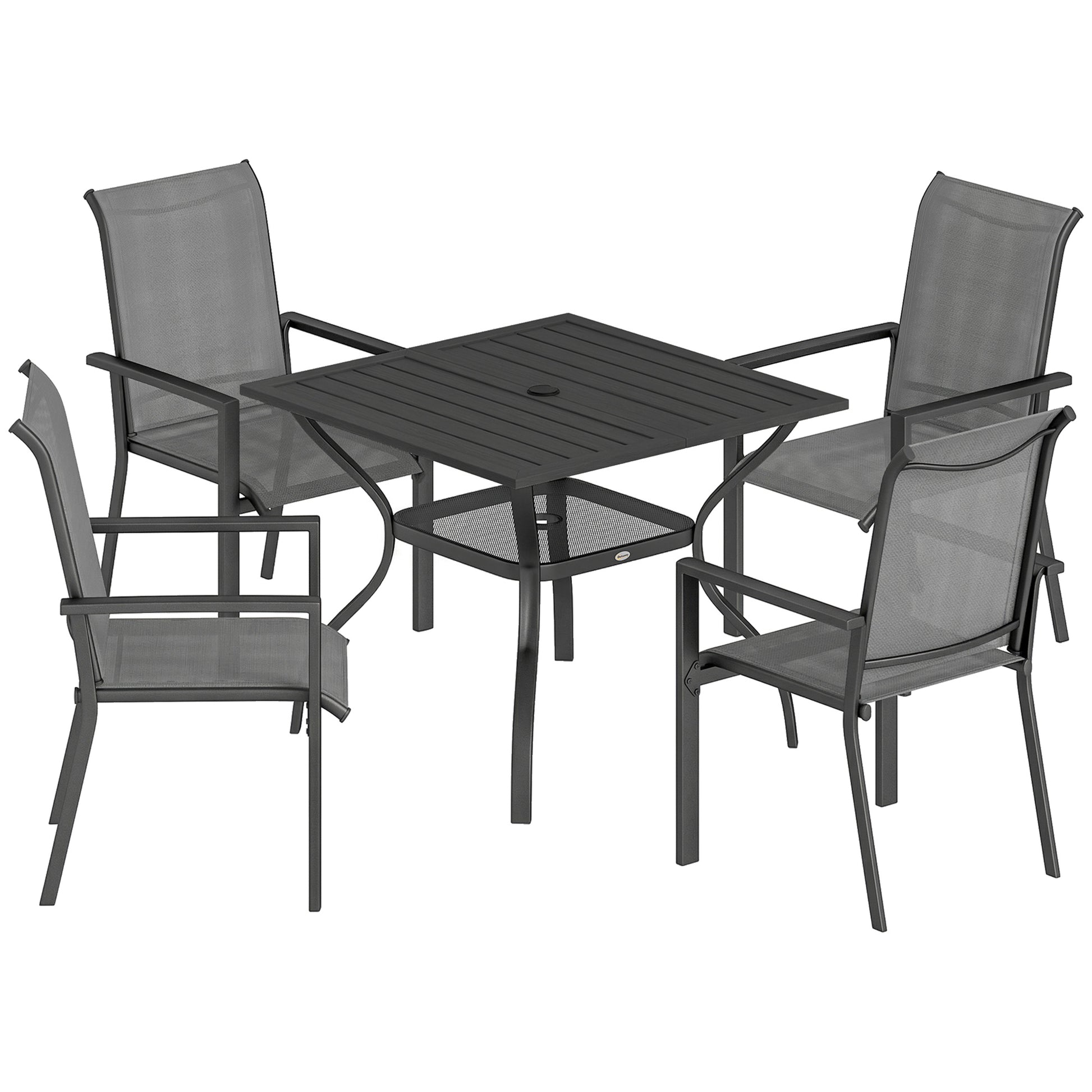 Photo of Outsunny 5 Pieces Outdoor Dining Set for 4, Garden Table and Stackable Chairs with Breathable Mesh Seat and Parasol Hole, Grey in Grey colour on a white background