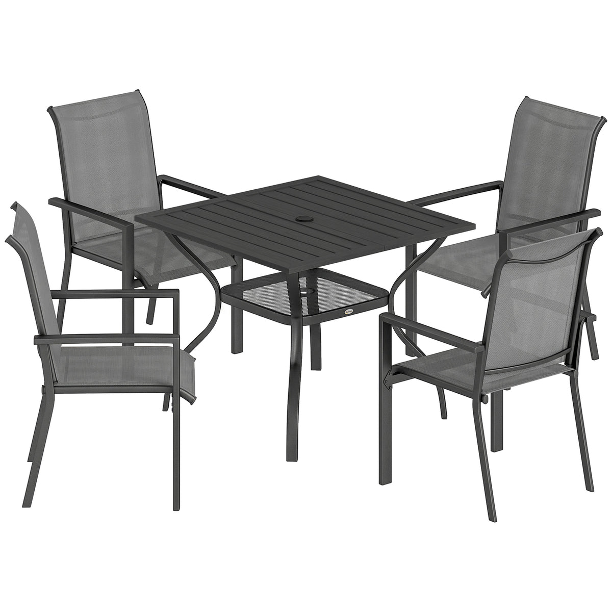 Photo of Outsunny 5 Pieces Outdoor Dining Set for 4, Garden Table and Stackable Chairs with Breathable Mesh Seat and Parasol Hole, Grey in Grey colour on a white background