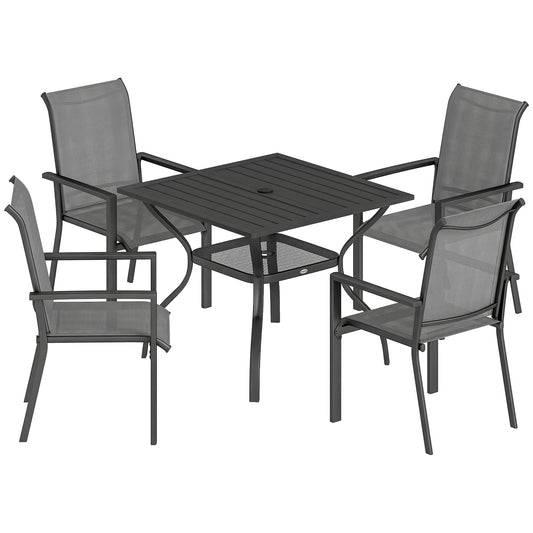 Photo of Outsunny 5 Pieces Outdoor Dining Set for 4, Garden Table and Stackable Chairs with Breathable Mesh Seat and Parasol Hole, Grey in Grey colour on a white background