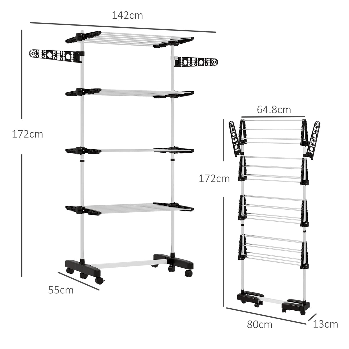 HOMCOM folding clothes drying rack shown open and collapsed, with dimensions