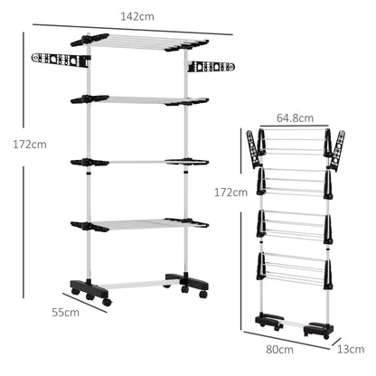 HOMCOM folding clothes drying rack shown open and collapsed, with dimensions