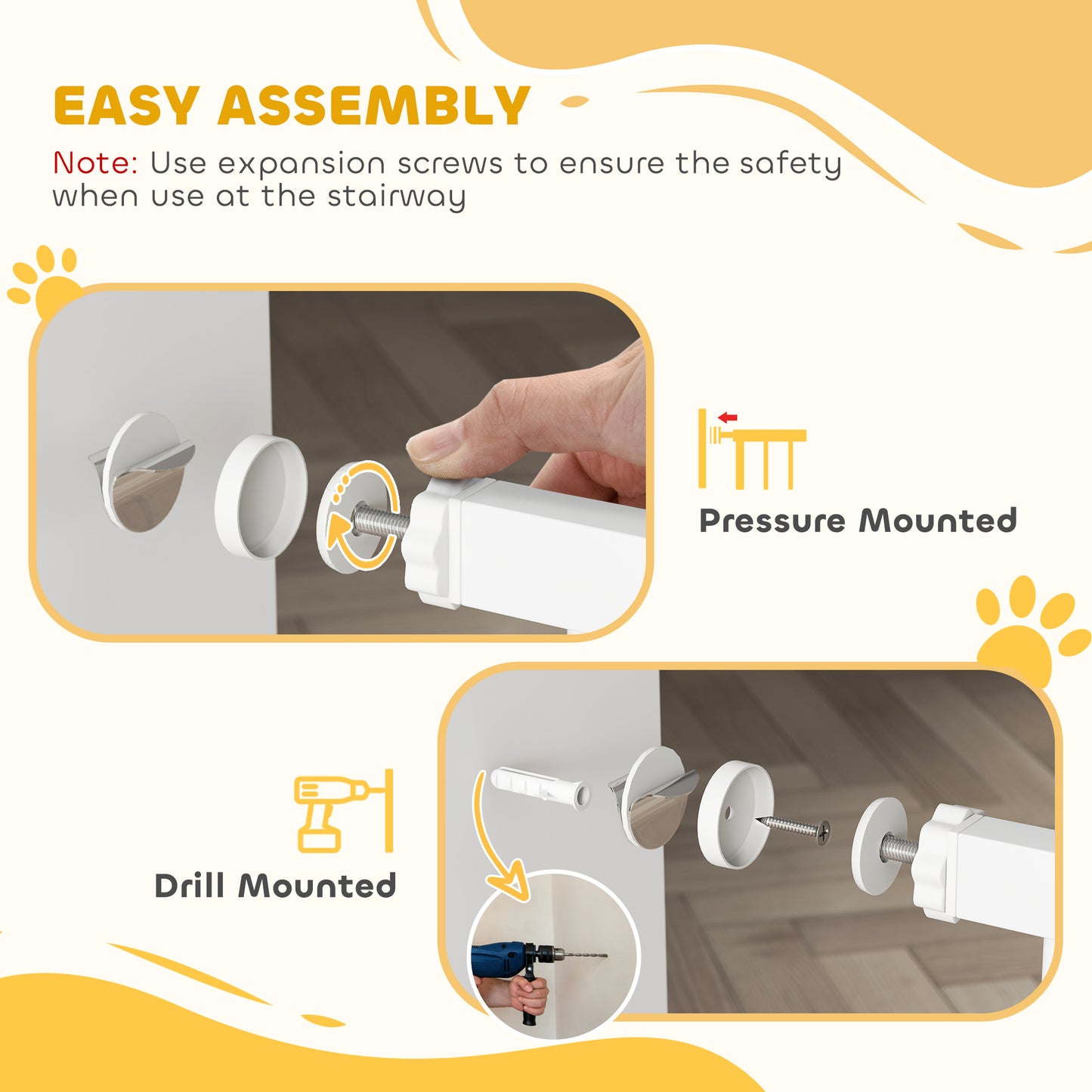 PawHut Wide Dog Safety Gate, with Door Pressure, for Doorways, Hallways, Staircases - White