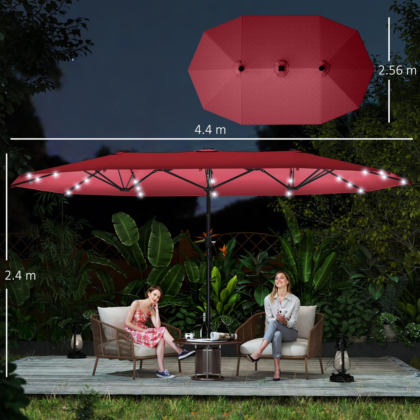 Outsunny 4.4m Double-Sided Sun Umbrella Patio Parasol LED Solar Lights Red