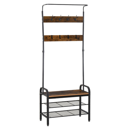 HOMCOM coat rack and shoe bench with metal frame, wood hook panels, and wire shelves