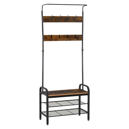Photo of HOMCOM Coat Rack Stand Industrial hallway Shoe Rack Removable Hooks Metal Wood Hangers Storage Cabinet Rustic Brown 72L×34W×185H(cm) in 72L×34W×185H(cm) colour on a white background